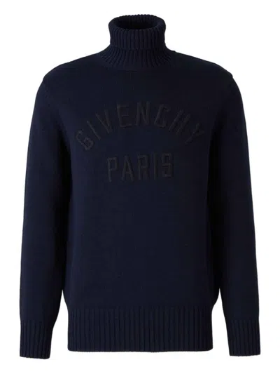Givenchy Turtleneck Sweater In Cotton With Paris Embroidery Clothing In Blue