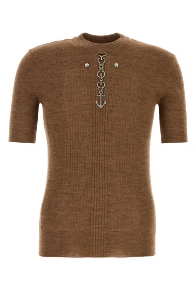 Prada Short Sleeve Wool Knit With Anchor Detail In Brown