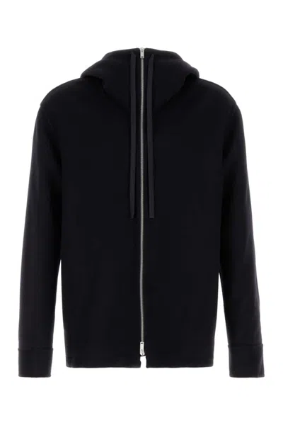 Jil Sander Hooded Cashmere Cardigan With Ribbed Cuffs And Hem In Blue