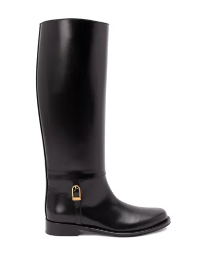 Saint Laurent Julia Buckle-embellished Leather Knee Boots In Black