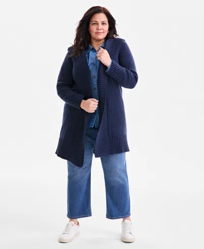 Style & Co Plus Size Hooded Open-front Cardigan Sweater, Macy's Exclusive In Blue