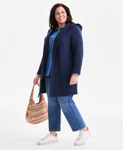 Style & Co Plus Size Hooded Open-front Cardigan Sweater, Macy's Exclusive In Blue