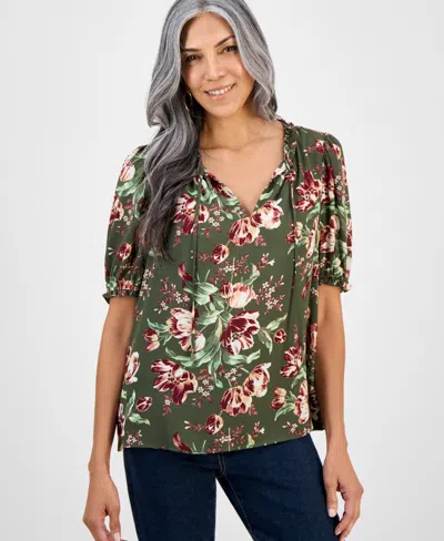Style & Co Women's Printed Split-neck Raglan-sleeve Blouse, Macy's Exclusive In Green