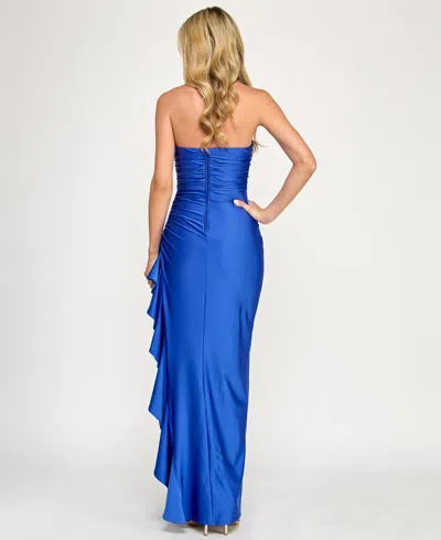 Emerald Sundae Juniors' Ruffled Strapless Evening Gown In Blue