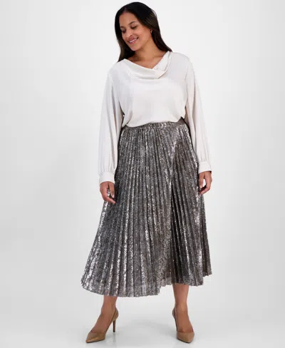 Anne Klein Plus Size Pull-on Pleated Sequin Midi Skirt In Metallic