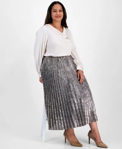 Anne Klein Plus Size Pull-on Pleated Sequin Midi Skirt In Metallic