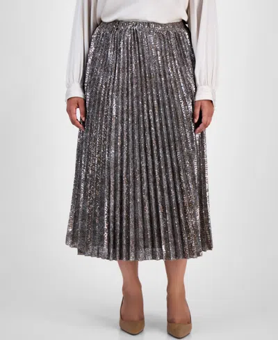 Anne Klein Plus Size Pull-on Pleated Sequin Midi Skirt In Metallic