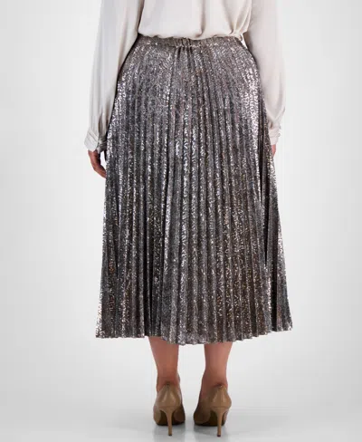 Anne Klein Plus Size Pull-on Pleated Sequin Midi Skirt In Metallic