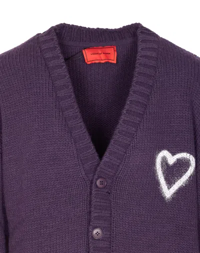 Vision Of Super Heart-embroidered Button Cardigan In Purple