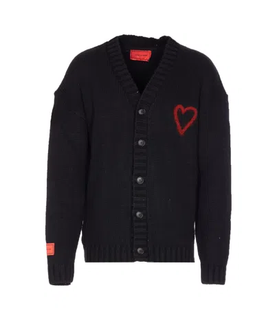 Vision Of Super Heart-embroidered Button Cardigan In Black