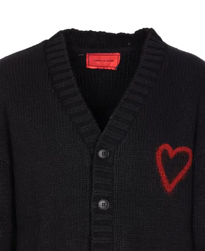 Vision Of Super Heart-embroidered Button Cardigan In Black