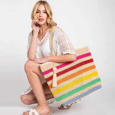 Fashnzfab Pom Pom Tassel Multi Color Striped Straw Crochet Tote Bag In Pink