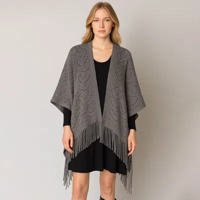 Truedames Fringe Open Knit Crochet Draped Shawl Wrap Ruana Poncho In Gray