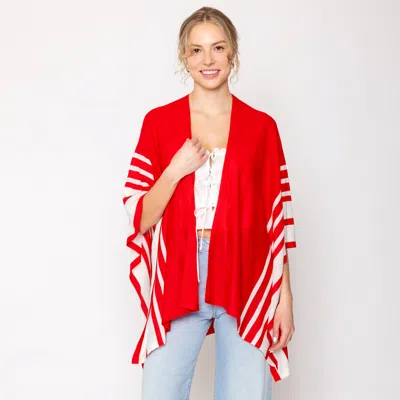 Truedames Two Tone Border Ruana Poncho In Red
