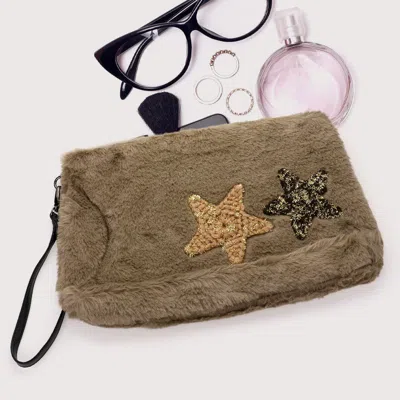 Fashnzfab Star Patches Fuzzy Faux Fur Wristlet Clutch Bag In Gray