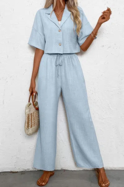 Truedames Drop Shoulder Tie Front Wide Leg Pant Set In Blue