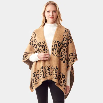 Truedames Leopard Patterned Soft Fuzzy Ruana Poncho In Brown