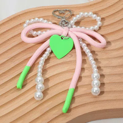 Fashnzfab Heart Charm Dangle Double Pearl Beaded Loop Bow Keychain / Bag Charm In Pink