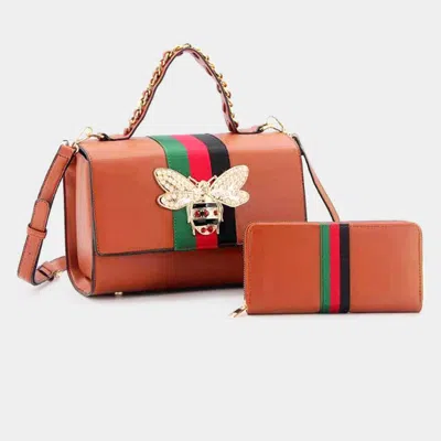 Fashnzfab 2pcs - Honey Bee Accented Color Block Faux Leather Tote Bag Wallet Set In Brown