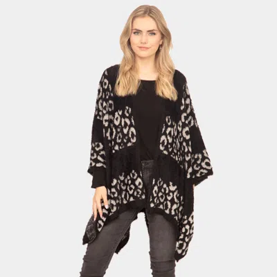 Truedames Leopard Patterned Soft Fuzzy Ruana Poncho In Black
