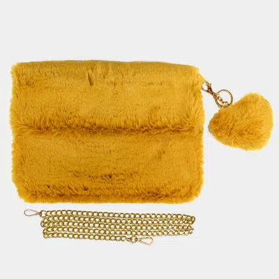 Fashnzfab Detachable Heart Pom Pom Keychain Faux Fur Crossbody Bag In Yellow