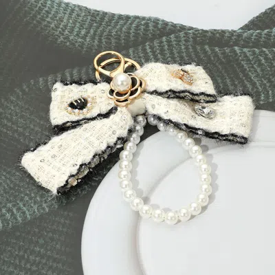 Fashnzfab Pearl Loop Floral Tweed Bow Keychain / Bag Charm In White