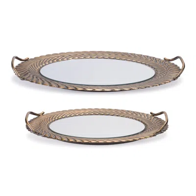 Hivvago Mirror Tray With Ornate Metal Frame (set Of 2) In Brown