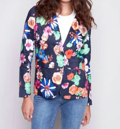 Charlie B Printed Linen Blazer In Gardenia In Blue