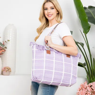 Fashnzfab Top Fringe Pointed Check Patterned Tote Bag In Purple