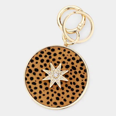 Fashnzfab Cheetah Patterned Genuine Leather Calf Round Keychain In Multi