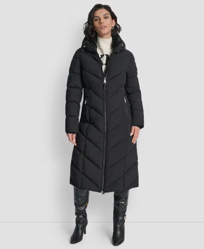 Dkny Women's Hooded Zip Front A-line Maxi Puffer Coat In Black