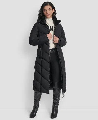Dkny Women's Hooded Zip Front A-line Maxi Puffer Coat In Black