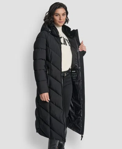 Dkny Women's Hooded Zip Front A-line Maxi Puffer Coat In Black