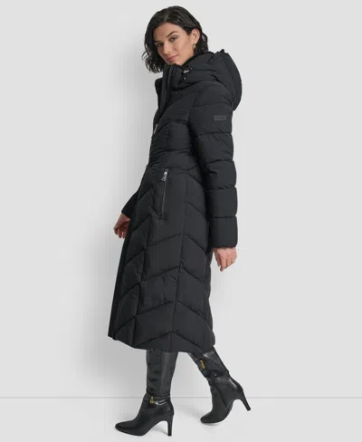 Dkny Women's Hooded Zip Front A-line Maxi Puffer Coat In Black