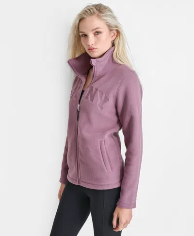 Dkny Women's Tech Fleece Full Zip Jacket With Varsity Twill Logo In Purple