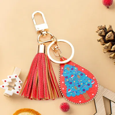 Fashnzfab Christmas Tree Print Faux Leather Teardrop Tassel Keychain / Bag Charm In Multi