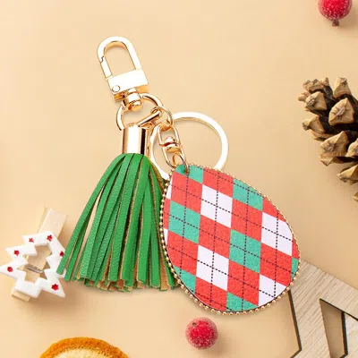 Fashnzfab Buffalo Check Print Faux Leather Teardrop Tassel Keychain / Bag Charm In Green