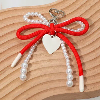 Fashnzfab Heart Charm Dangle Double Pearl Beaded Loop Bow Keychain / Bag Charm In Red