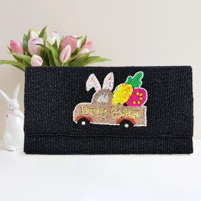 Fashnzfab Happy Easter Message Carrot Bunny Car Seed Beaded Clutch / Crossbody Bag In Black