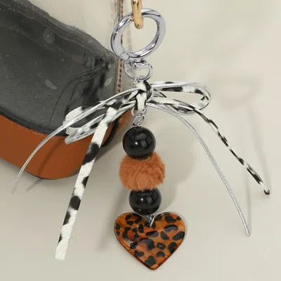 Fashnzfab Leopard Bow Pom Pom Multi Beaded Resin Heart Charm Drop Keychain / Bag Charm In White