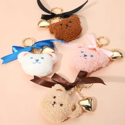 Fashnzfab Bow Metal Heart Charm Fluffy Teddy Bear Face Plush Doll Keychain / Bag Charm In Multi