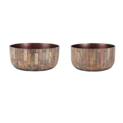 Hivvago Round Wooden Bowl Planter (set Of 2) In Brown