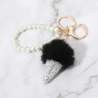 Fashnzfab Bling Studded Pom Pom Ice Cream Cone Pearl Wristlet Keychain / Bag Charm In Black