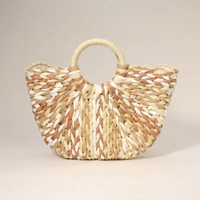 Fashnzfab Multi Color Weave Round Handle Straw Handbag In Sand