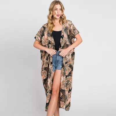 Truedames Tropical Leaves Print Self-tie Drawstring Open Front Cover Up Kimono Poncho In Multi