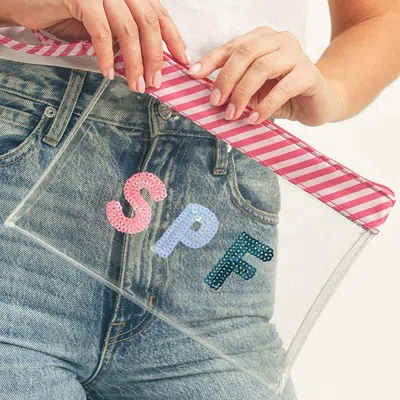 Fashnzfab Spf Sequin Message Wristlet Transparent Clutch Bag In Pink