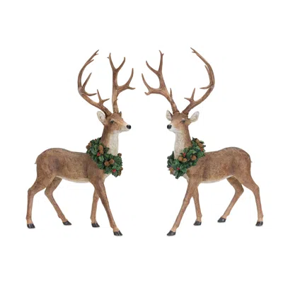 Hivvago Holiday Standing Deer Figurine With Wreath Accent (set Of 2) In Brown