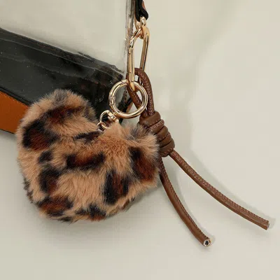 Fashnzfab Fuzzy Plush Leopard Heart Faux Leather Knot Tie Keychain / Bag Charm In Multi