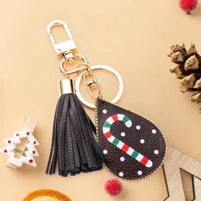 Fashnzfab Candy Cane Print Faux Leather Teardrop Tassel Keychain / Bag Charm In Black