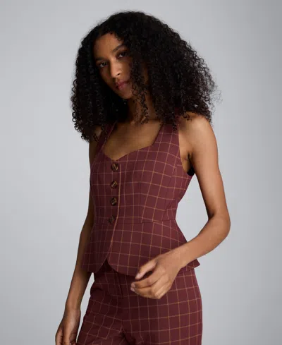 Kenneth Cole Plaid Peplum Vest In Brown